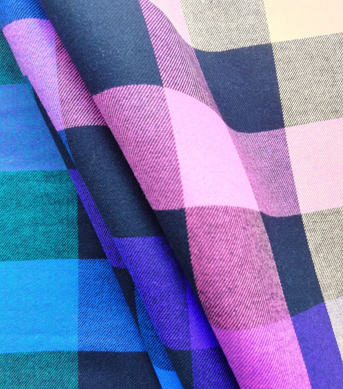 Dark Blue Diagonal Plaid & Teal Backed Sherpa Fabric
