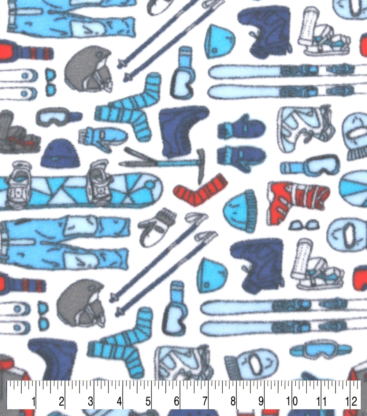 Ski & Snowboards on White Anti Pill Fleece Fabric