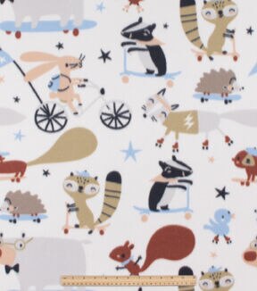 Animals On Skateboards On White Blizzard Fleece Fabric