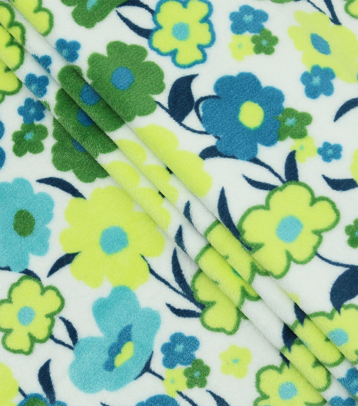 Blue & Green Mod Blooms White Sew Lush Fleece Fabric