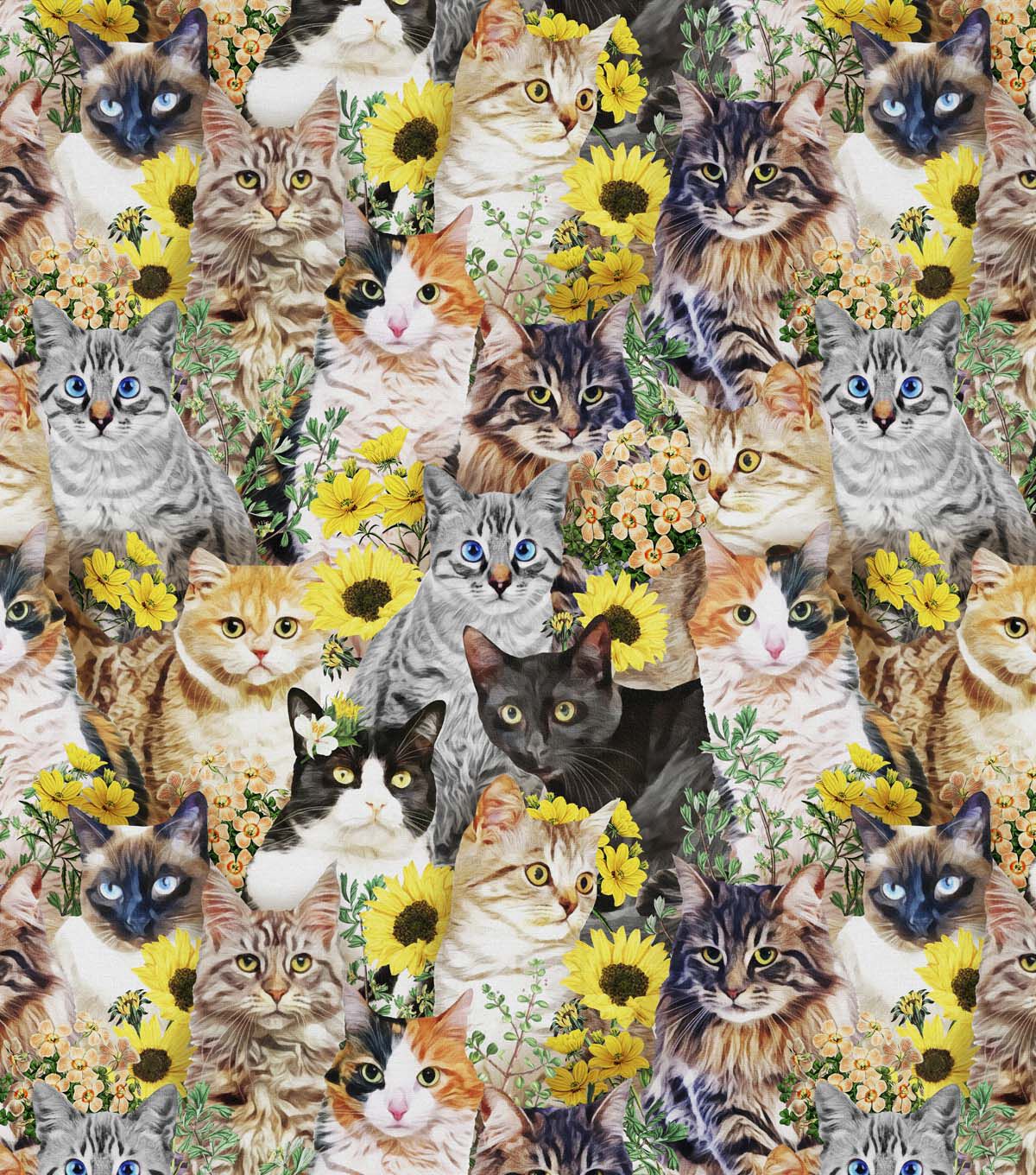David Textiles Cats & Sunflowers Novelty Cotton Fabric