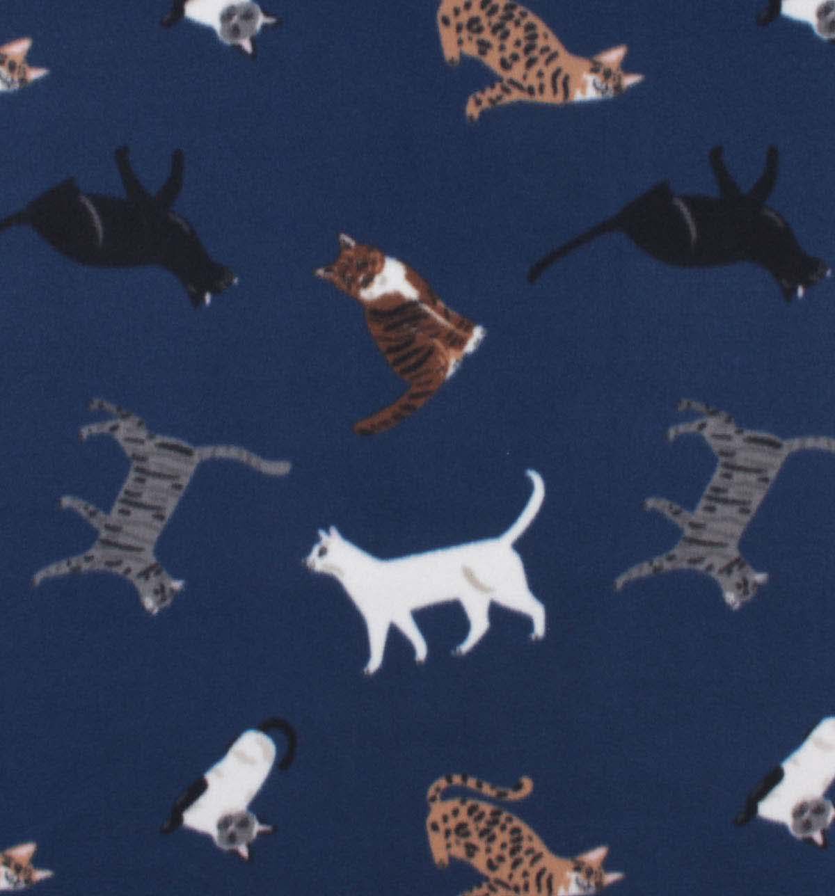 Sitting Cats on Dark Blue Blizzard Fleece Fabric