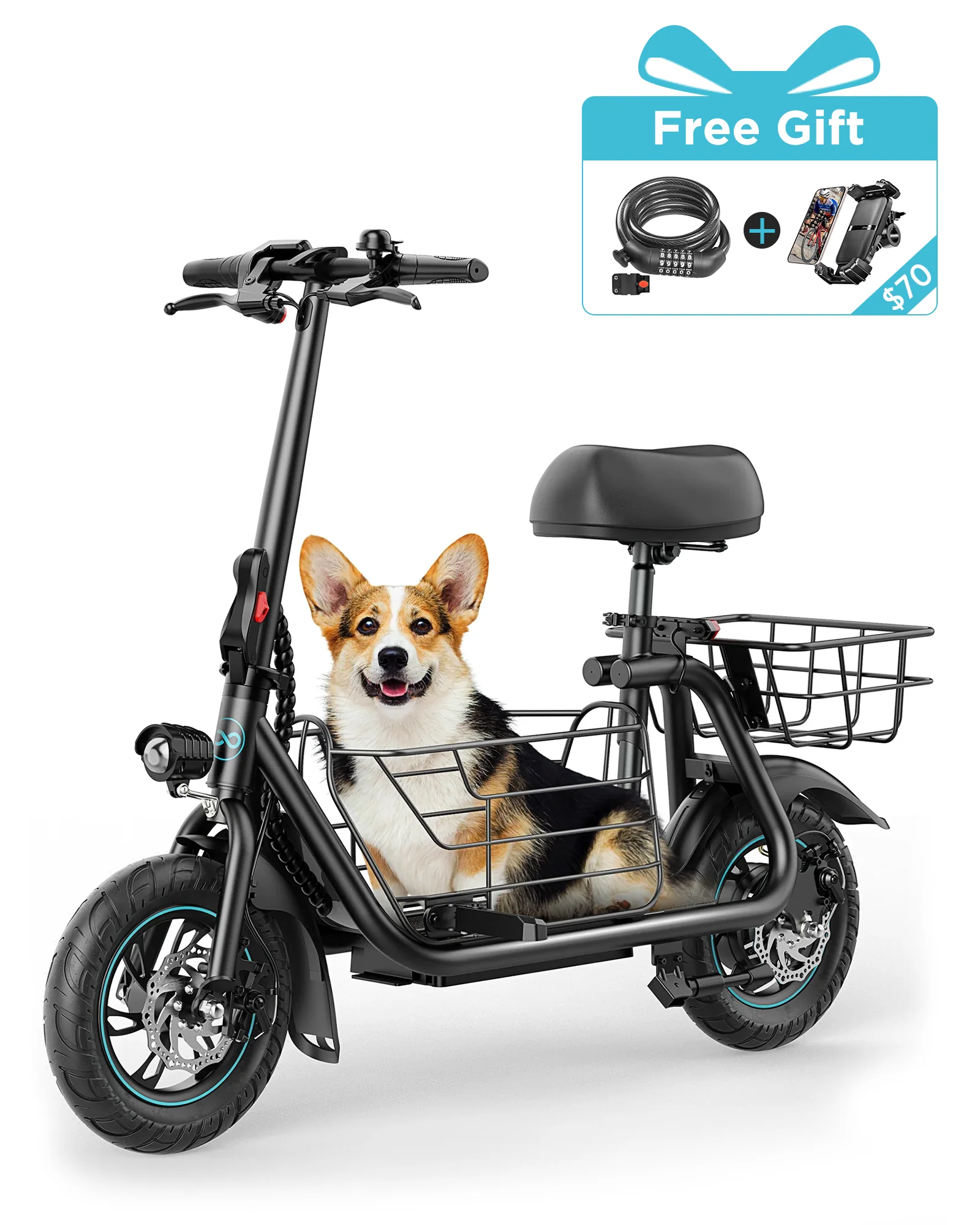 Gyroor C1Plus 1000W Electric Scooter with Dual Baskets for Pets & Cargo