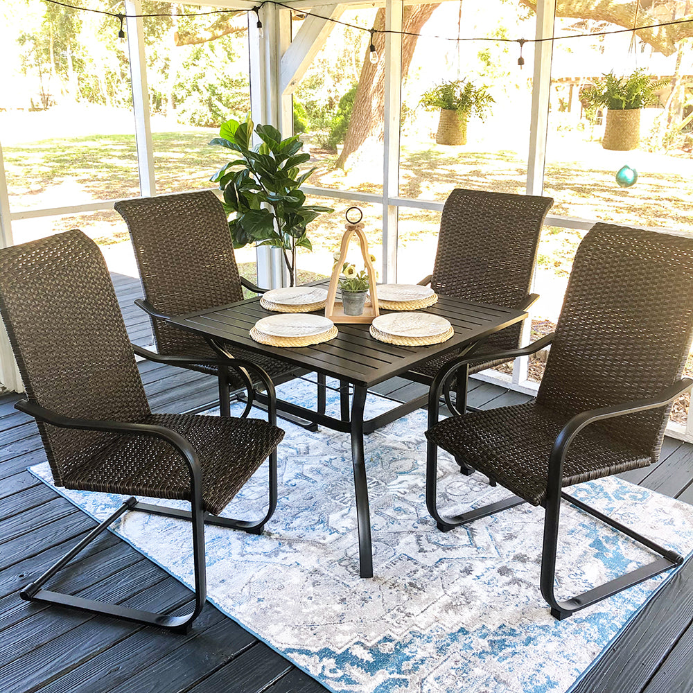 5-Piece Outdoor Dining Set with Steel Square Table & 4 Rattan C-spring Chairs