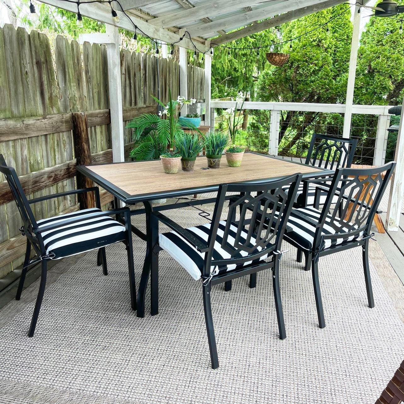 7-Piece Outdoor Patio Dining Set with Wood-look Table and 6 Stackable Metal Steel Chairs