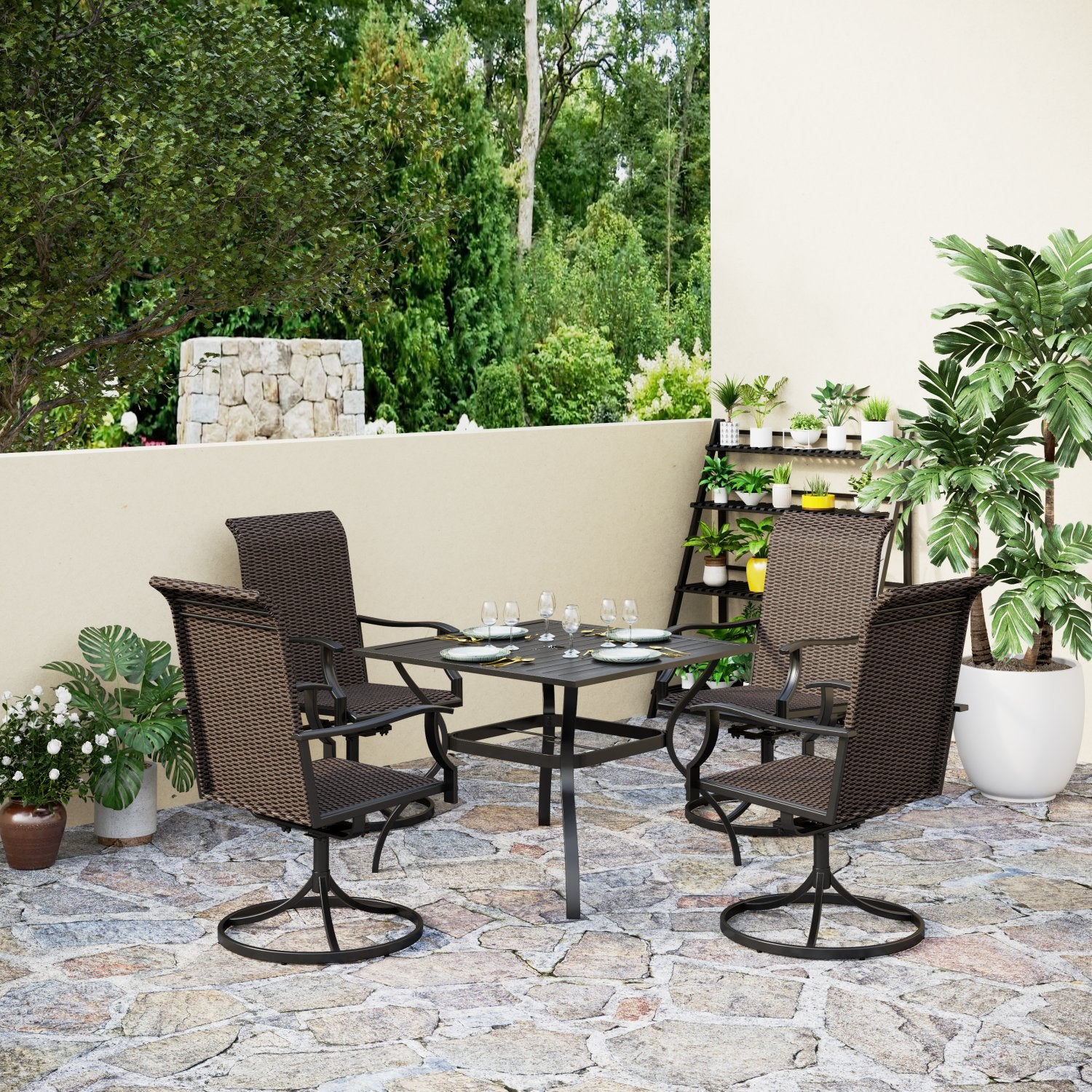 5-Piece Outdoor Dining Set Steel Square Table & 4 Rattan Swivel Chairs