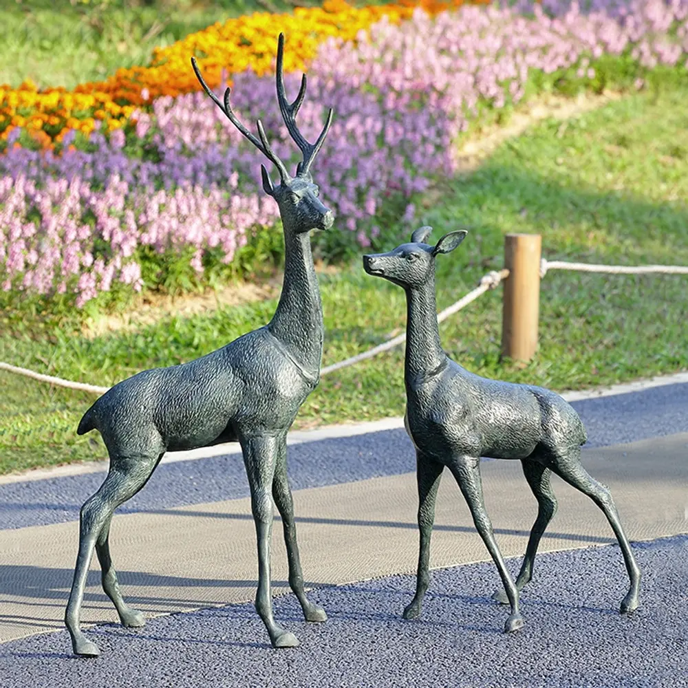 Buck and Doe Deer Garden Sculpture Pair