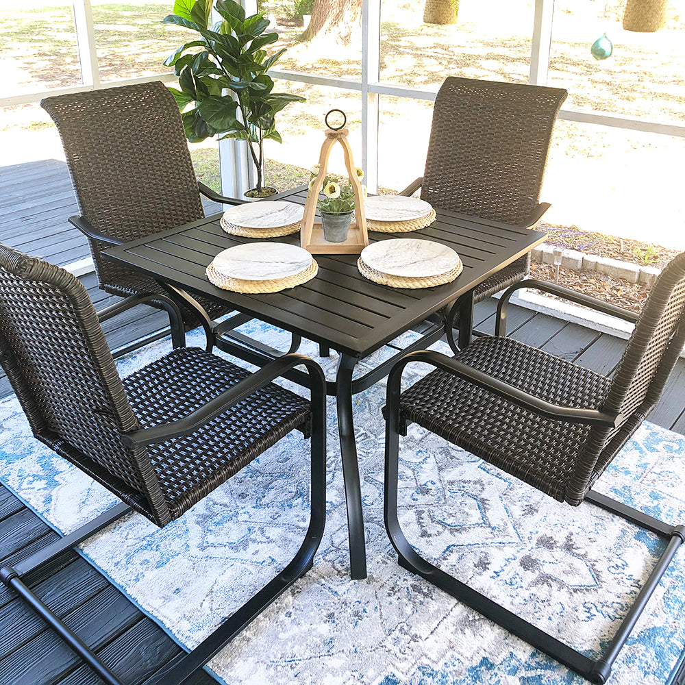 5-Piece Outdoor Dining Set with Steel Square Table & 4 Rattan C-spring Chairs