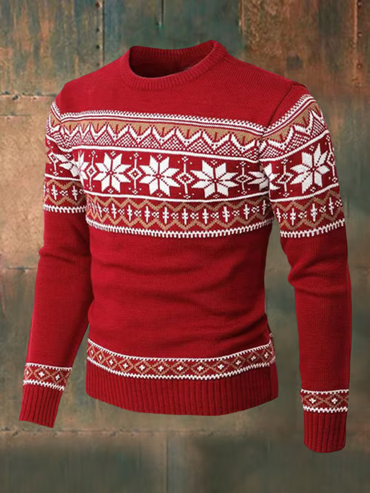Men's Vintage Christmas Snowflake Pattern Art Printed Knitted Warm Crew Neck Sweater