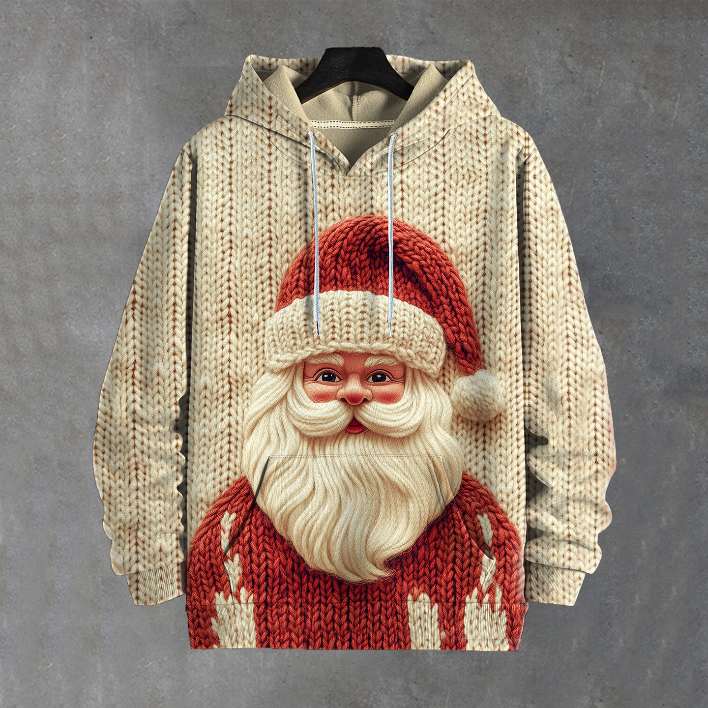 Men's Crocheted Cute Santa Claus Print Hooded Sweatshirt
