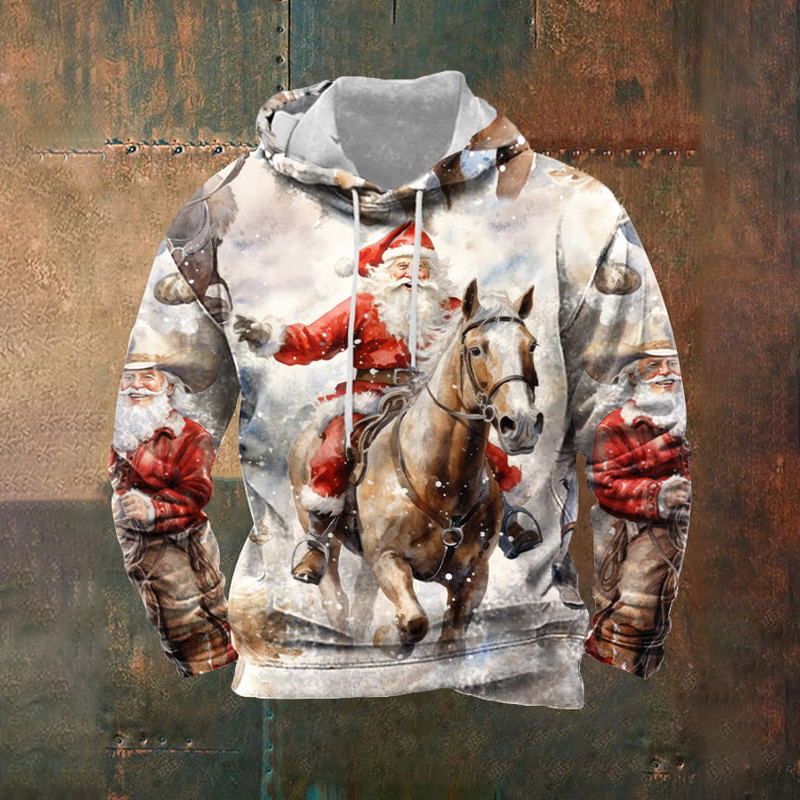 Men's Western Santa Riding Print Hoodie