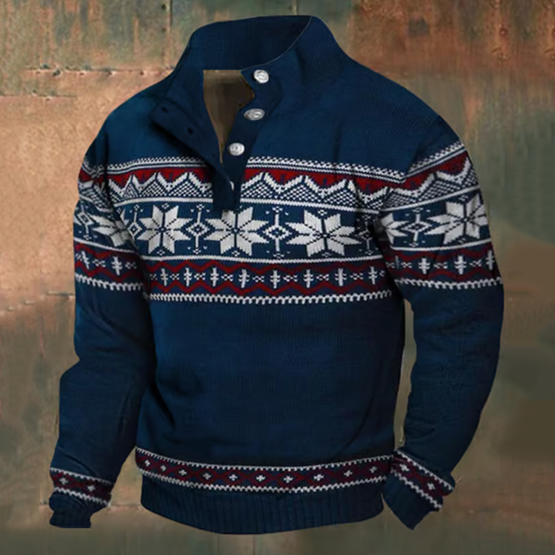 Men's Christmas Snowflake Pattern Stand Collar Button Sweatshirt