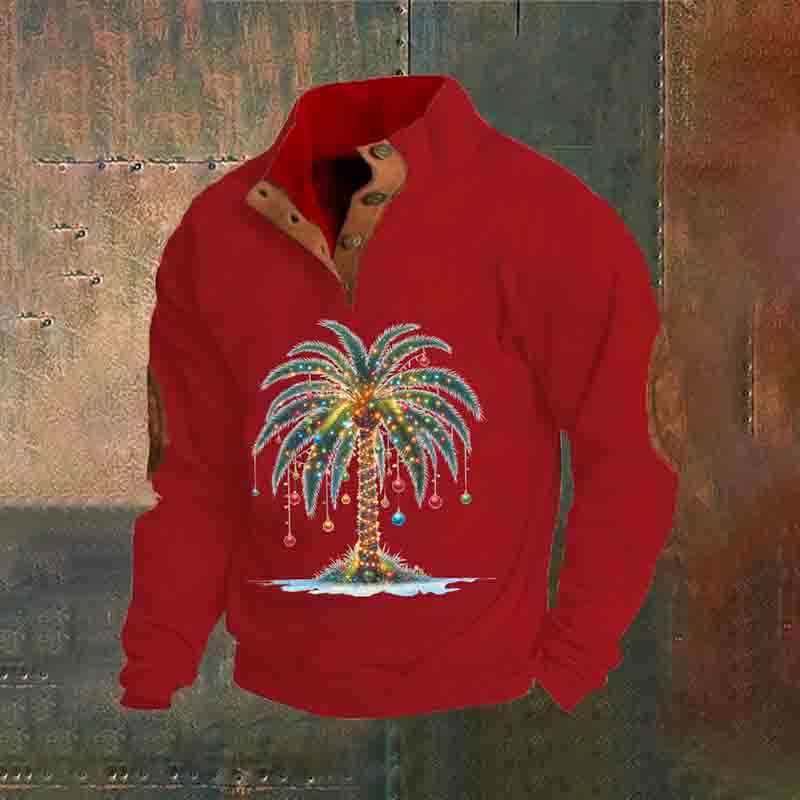 Men's Christmas Palm Tree Printed Stand Collar Button-Up Sweatshirt