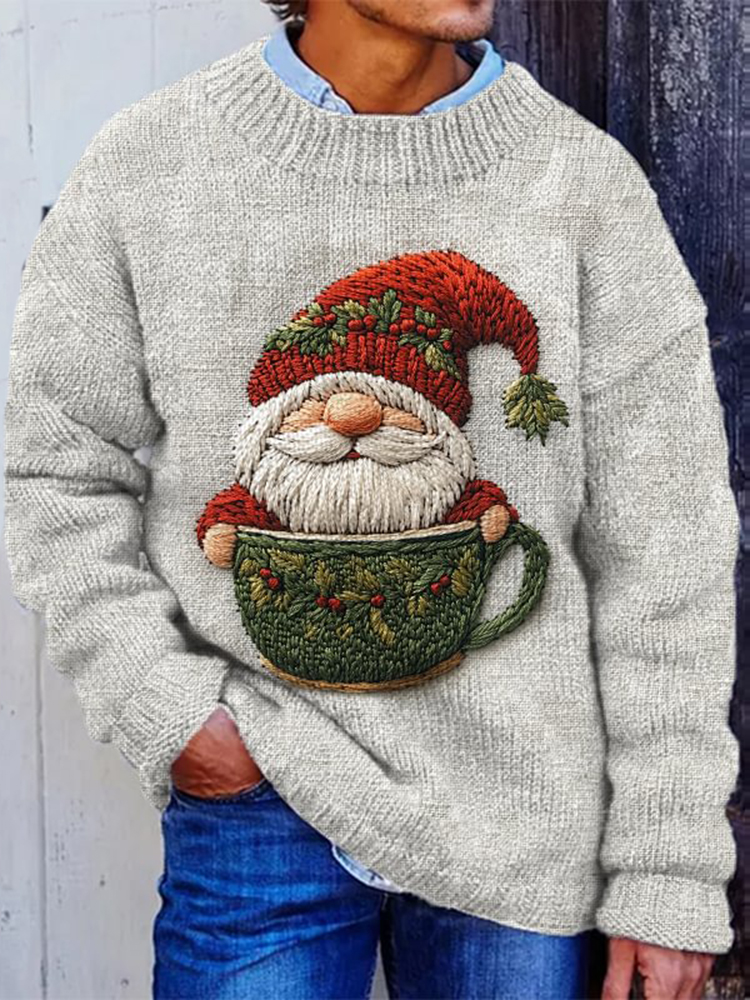 Christmas Santa Claus Embroidered Cozy Knit Sweater