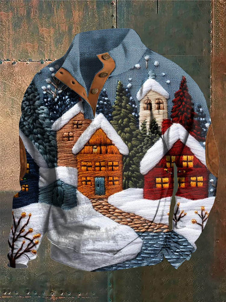 Men's Christmas View Button Casual Sweatshirt