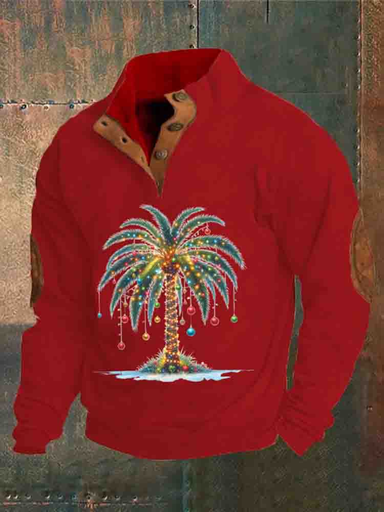 Men's Christmas Palm Tree Printed Stand Collar Button-Up Sweatshirt