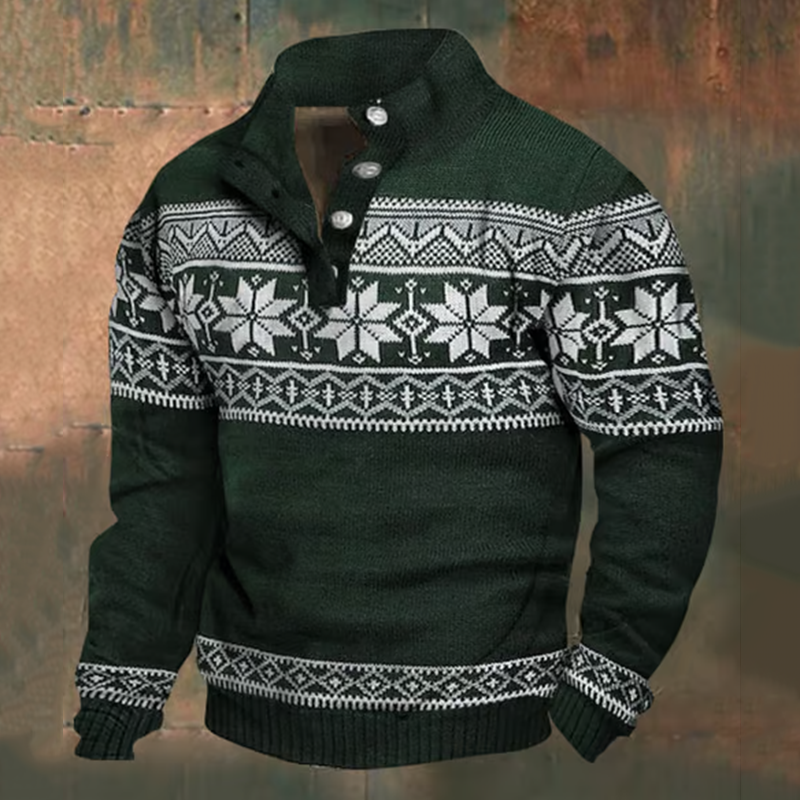 Men's Christmas Snowflake Pattern Stand Collar Button Sweatshirt