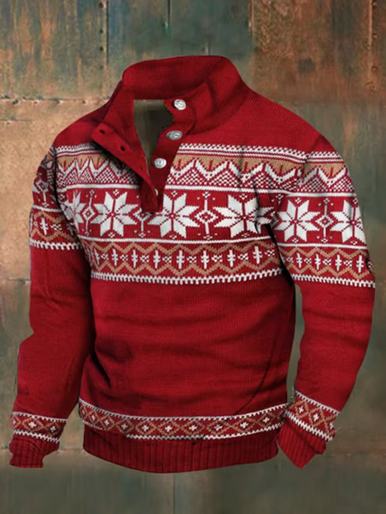Men's Christmas Snowflake Pattern Stand Collar Button Sweatshirt
