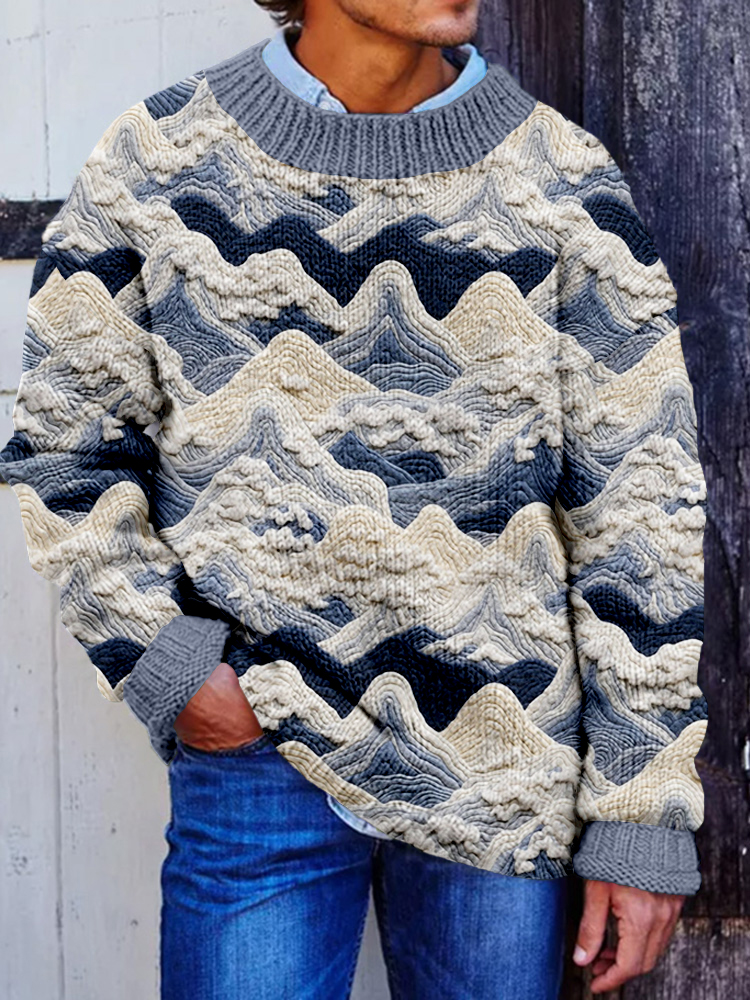 Men's Snowy Mountains Embroidered Cozy Knit Sweater