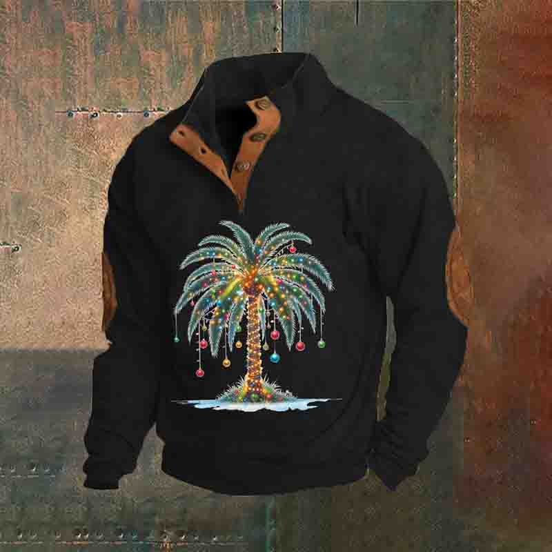 Men's Christmas Palm Tree Printed Stand Collar Button-Up Sweatshirt