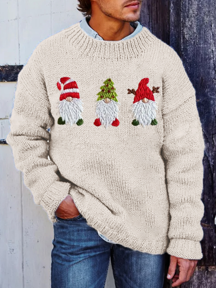 Christmas Gnomes Embroidery Men's Crew Neck Sweater