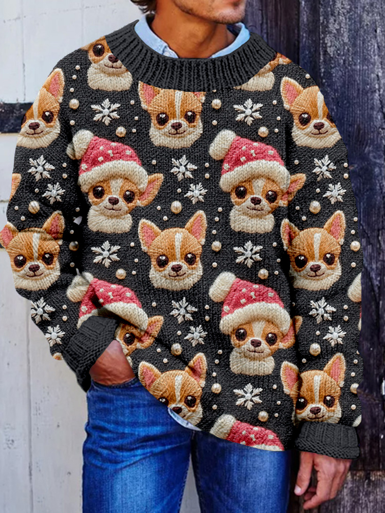 Men's Christmas Chihuahua Embroidered Cozy Sweater