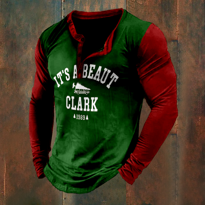 It's A Beaut Clark Christmas Splicing Henley Collar T-Shirt