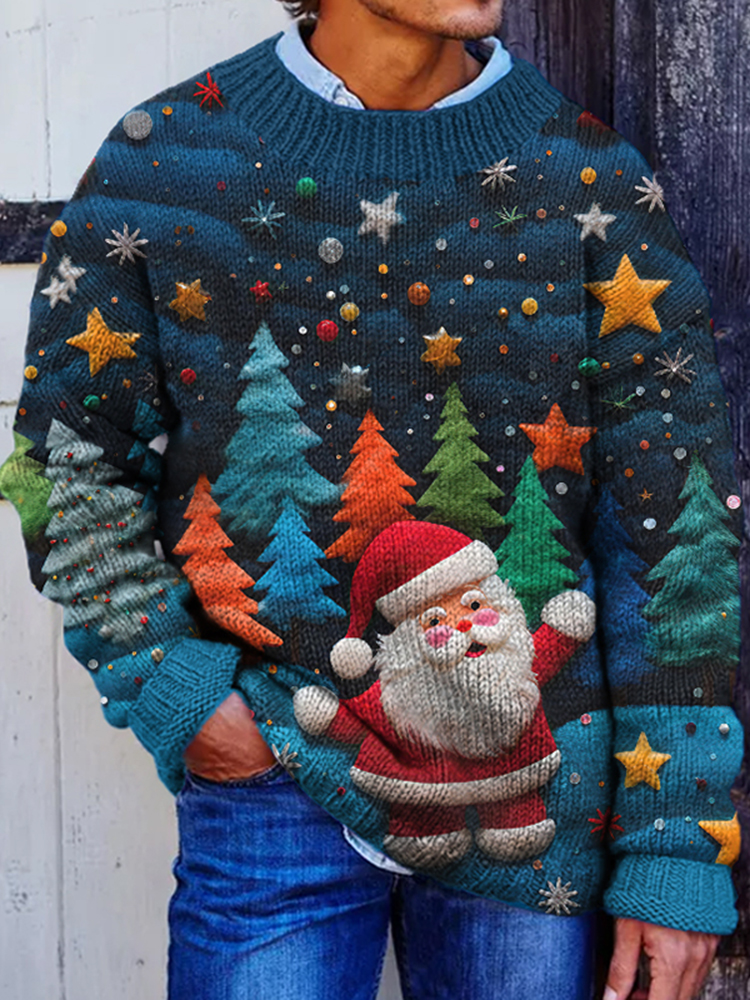 Men's Vintage Christmas Trees & Santa Claus Art Knitted Warm Crew Neck Sweater