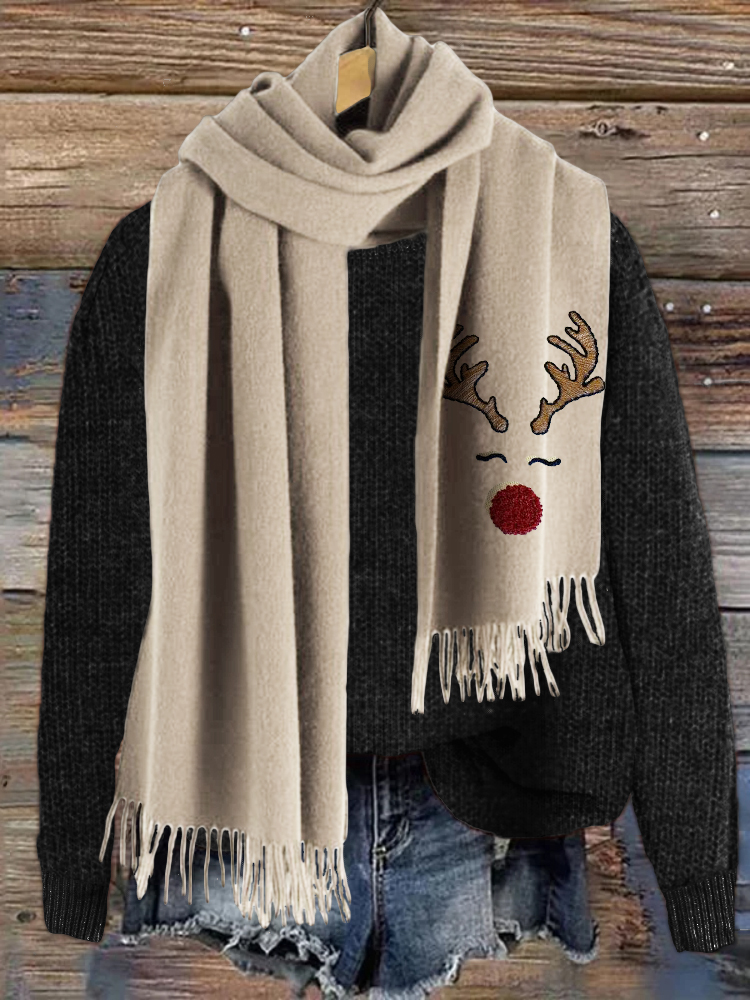 Christmas Reindeer Face Embroidery Art Scarf