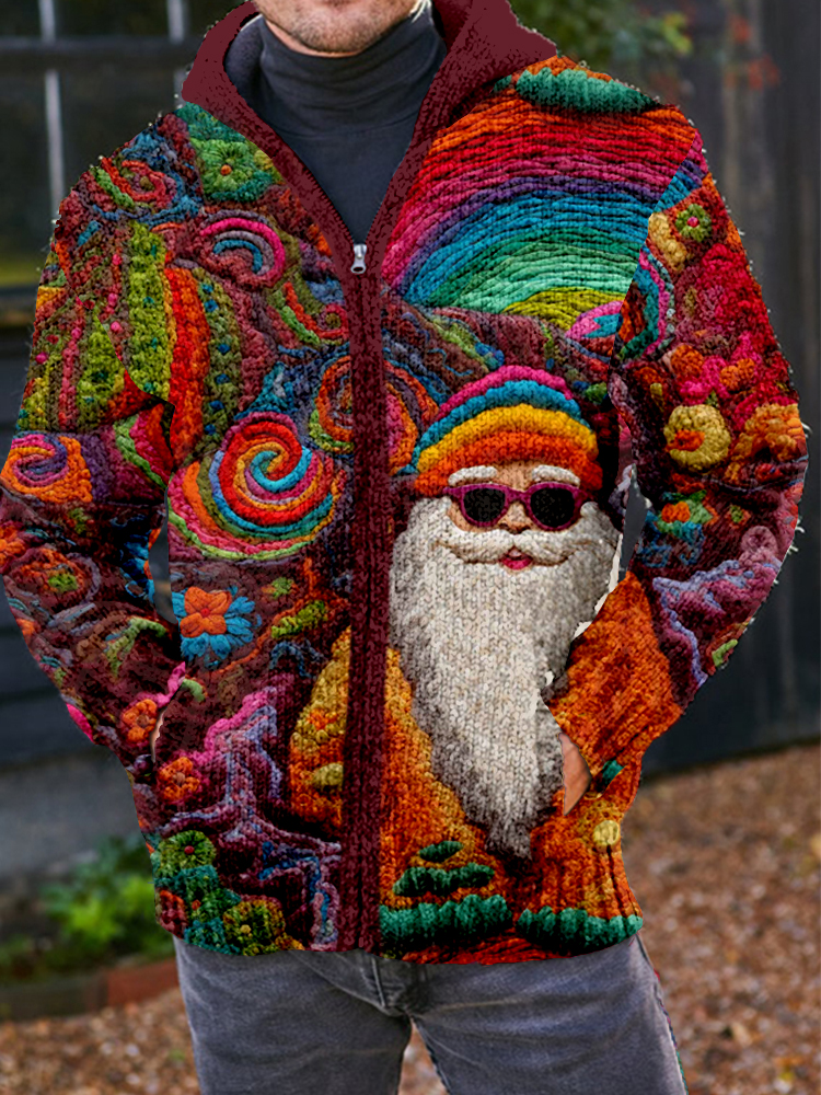Men's Groovy Hippie Santa Embroidery Cozy Cardigan