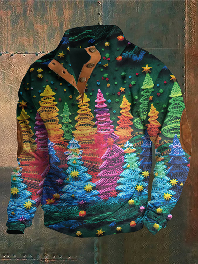 Men's Christmas Trees Art Printed Stand Collar Button-Up Sweatshirt