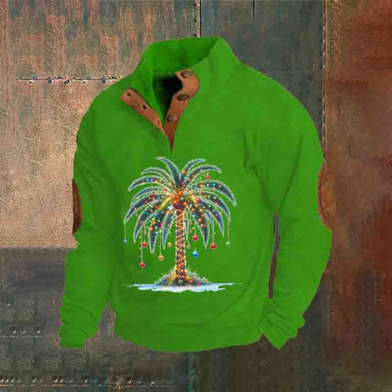 Men's Christmas Palm Tree Printed Stand Collar Button-Up Sweatshirt