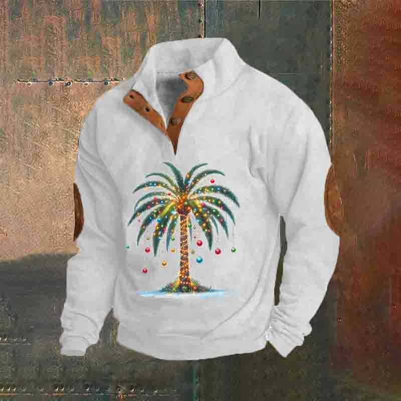 Men's Christmas Palm Tree Printed Stand Collar Button-Up Sweatshirt
