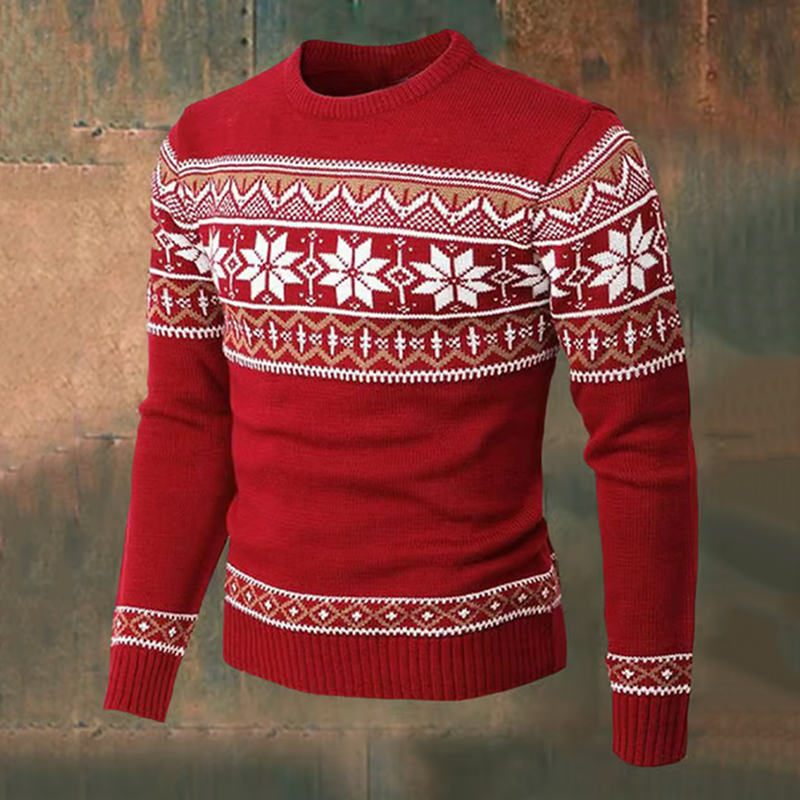 Men's Vintage Christmas Snowflake Pattern Art Printed Knitted Warm Crew Neck Sweater