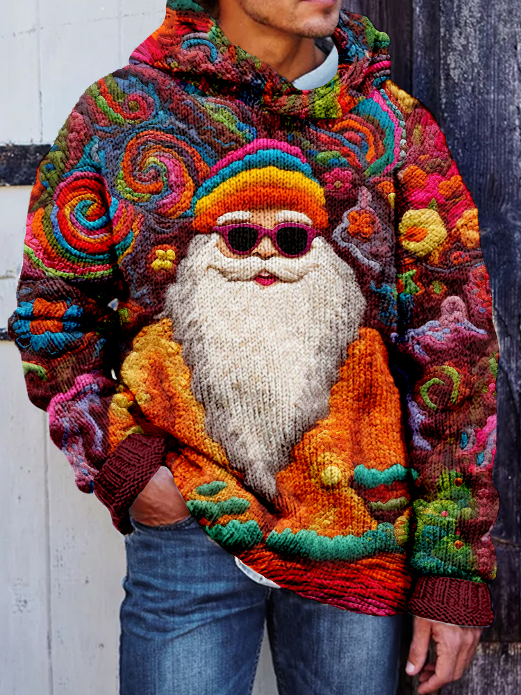 Men's Groovy Hippie Santa Embroidery Cozy Hooded Sweater