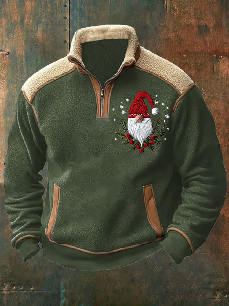 Men's Vintage Christmas Print Stand Collar Zipper Sweatshirt