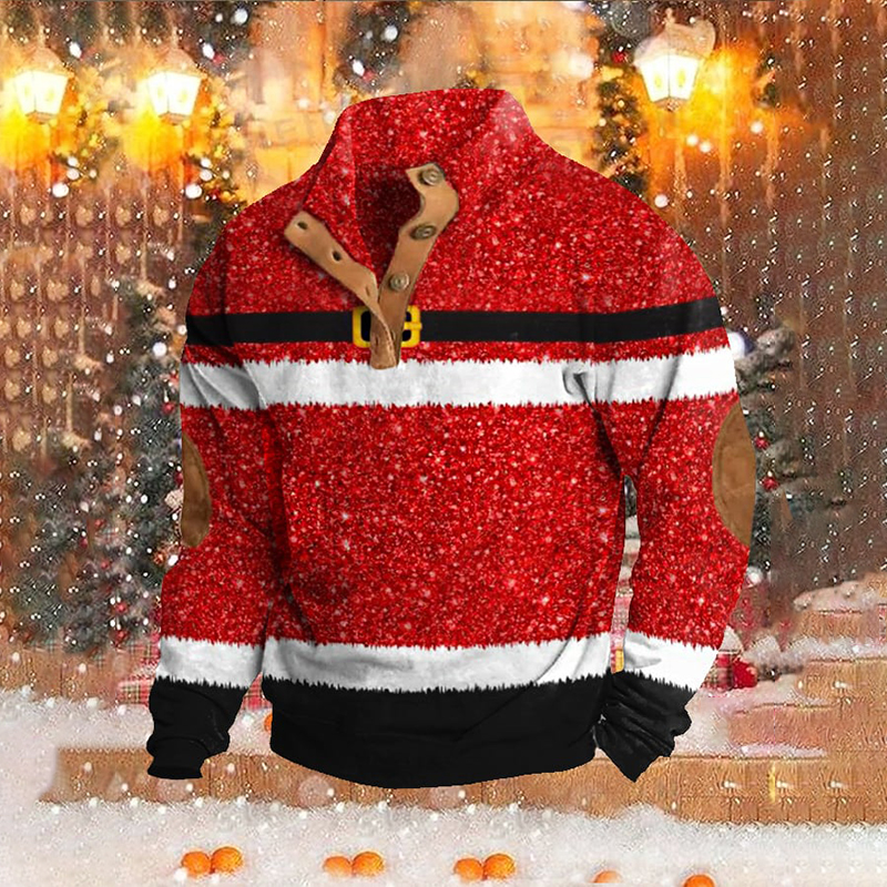 Men's Shiny Santa Belt Print Christmas Gift Casual Buttons Pullover Sweatshirt