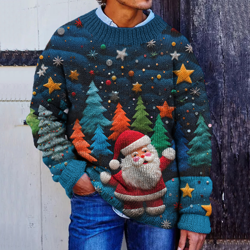 Men's Vintage Christmas Trees & Santa Claus Art Knitted Warm Crew Neck Sweater