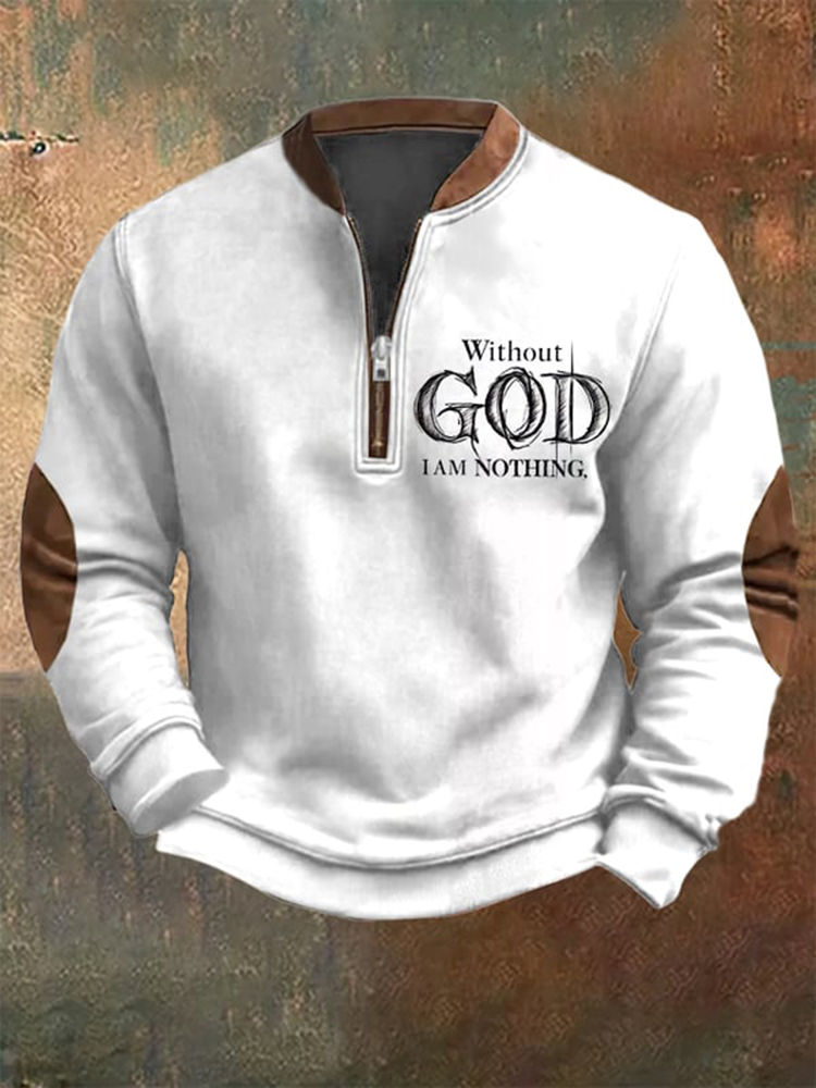 Men's Vintage Faith Without God I Am Nothing Printed Zip Collar Sweatshirt