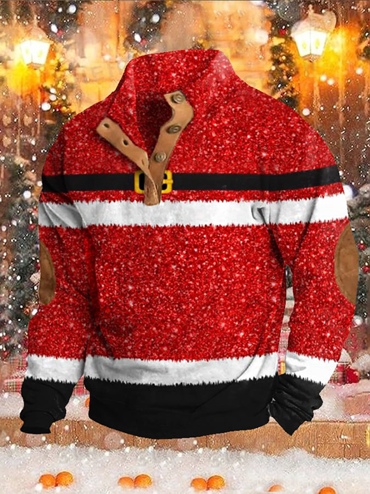Men's Shiny Santa Belt Print Christmas Gift Casual Buttons Pullover Sweatshirt