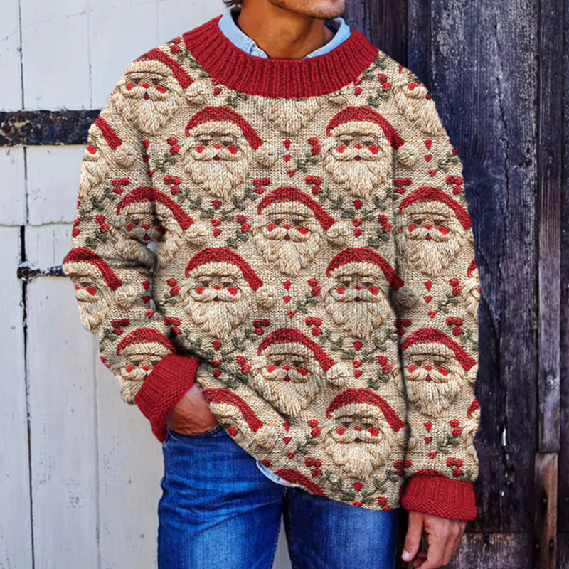 Men's Vintage Christmas Santa Claus Embroidery Cozy Casual Sweater