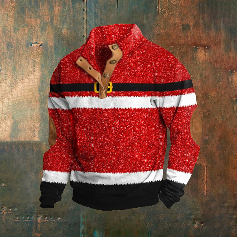 Men's Shiny Santa Belt Print Christmas Gift Casual Buttons Pullover Sweatshirt