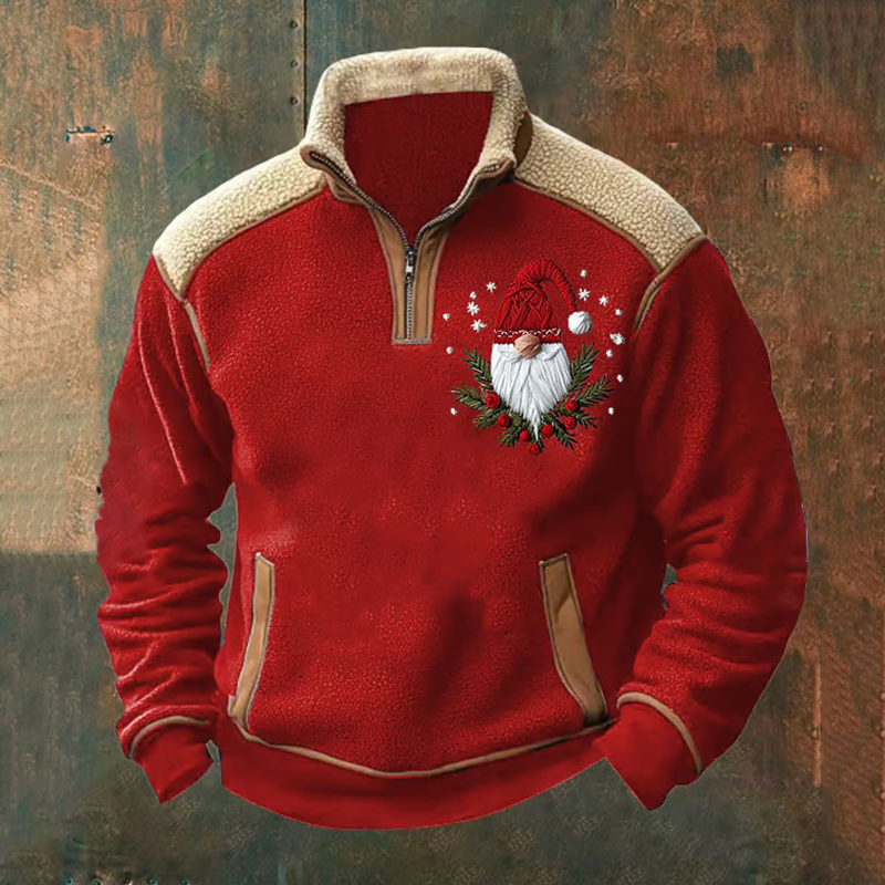 Men's Vintage Christmas Print Stand Collar Zipper Sweatshirt