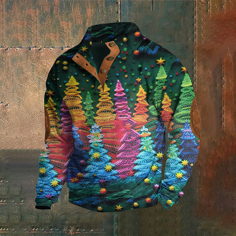 Men's Christmas Trees Art Printed Stand Collar Button-Up Sweatshirt