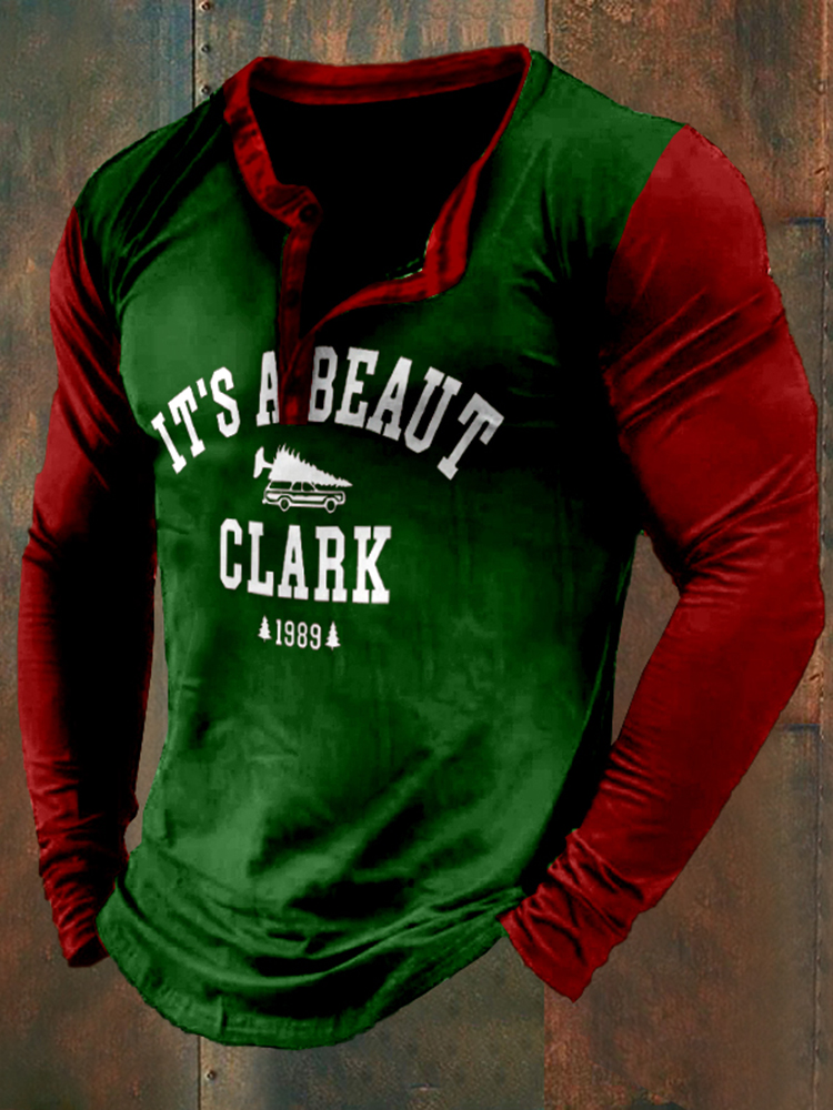 It's A Beaut Clark Christmas Splicing Henley Collar T-Shirt