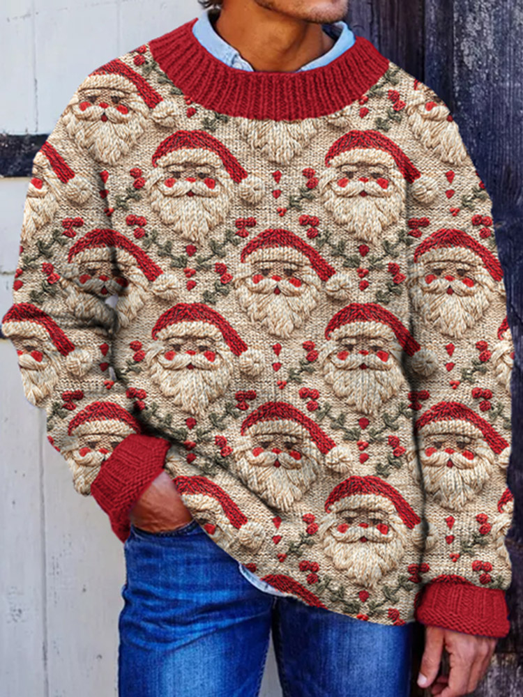 Men's Vintage Christmas Santa Claus Embroidery Cozy Casual Sweater