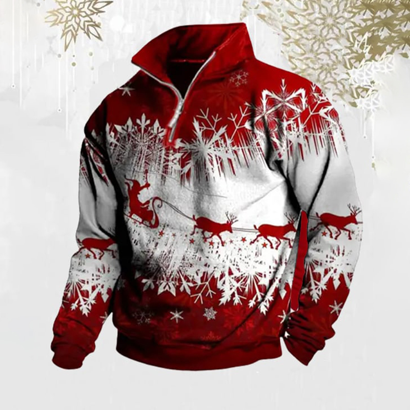 Men's Vintage Christmas Santa Claus Elk Snowflakes Print Zippered Wool Collar Sweatshirt