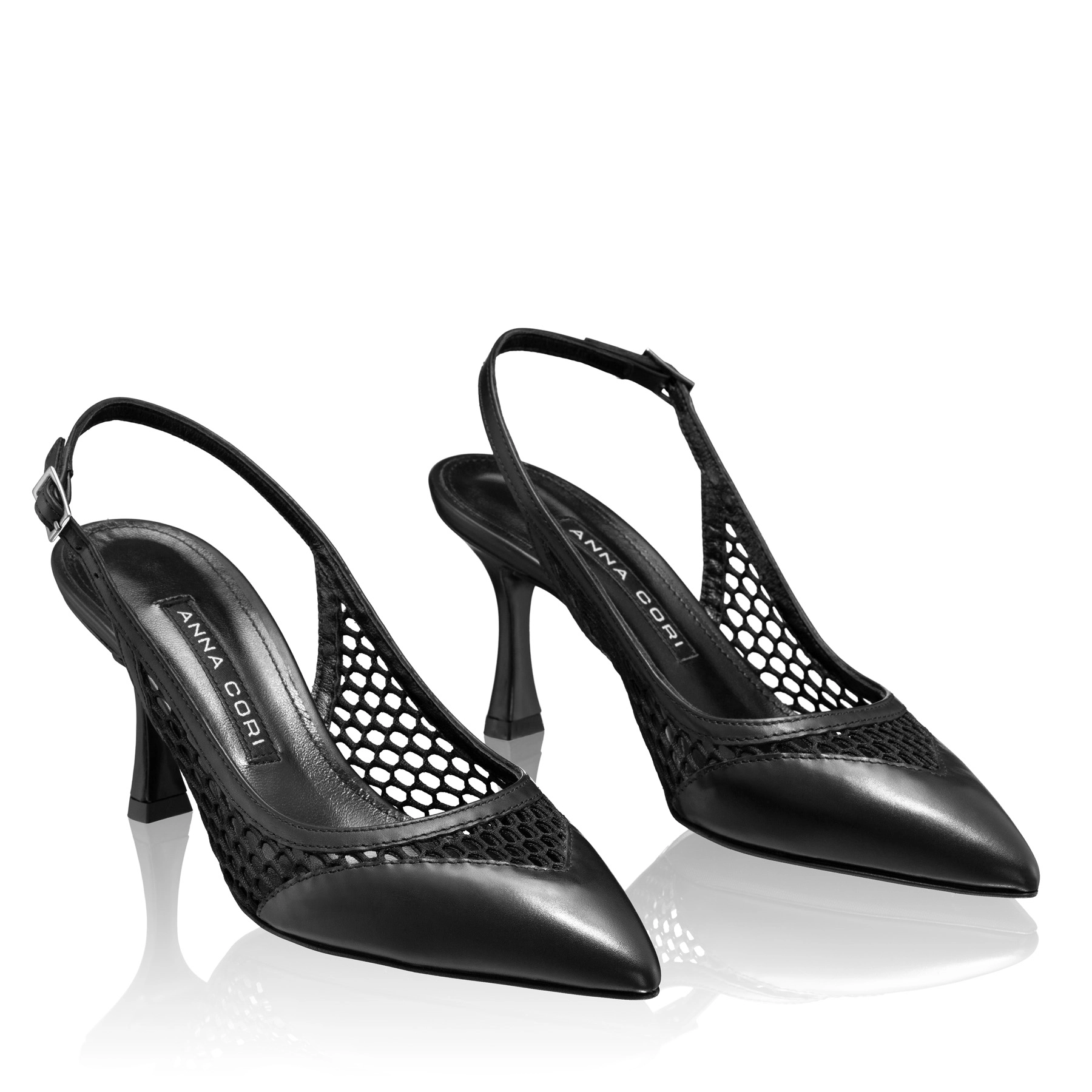 Women Leather slingback shoes 8095 Vitello+Black Mesh