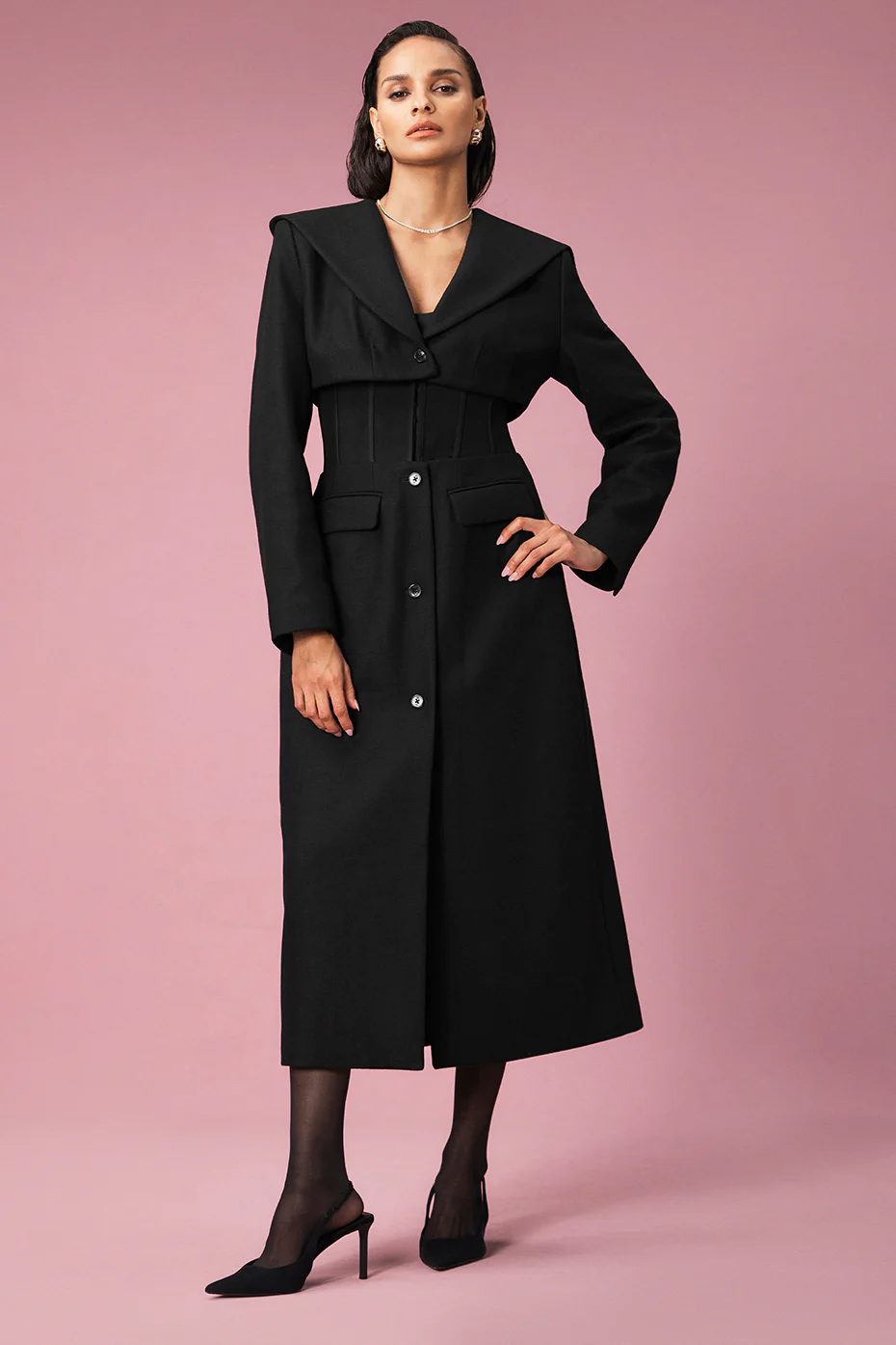 Winter Wool Vendome Long Corset Coat - Black/Black