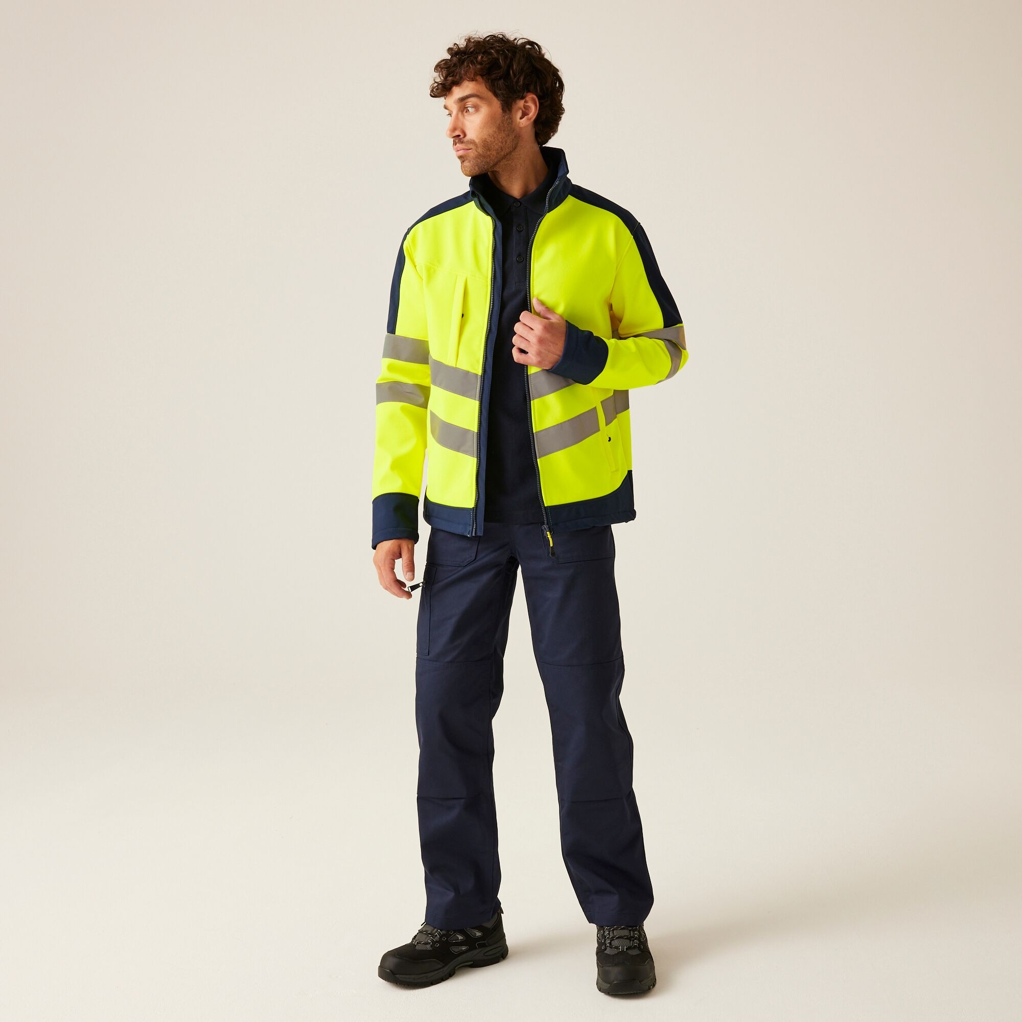 Men's Hi-Vis 3 Layer Softshell Reflective Work Jacket | Yellow Navy